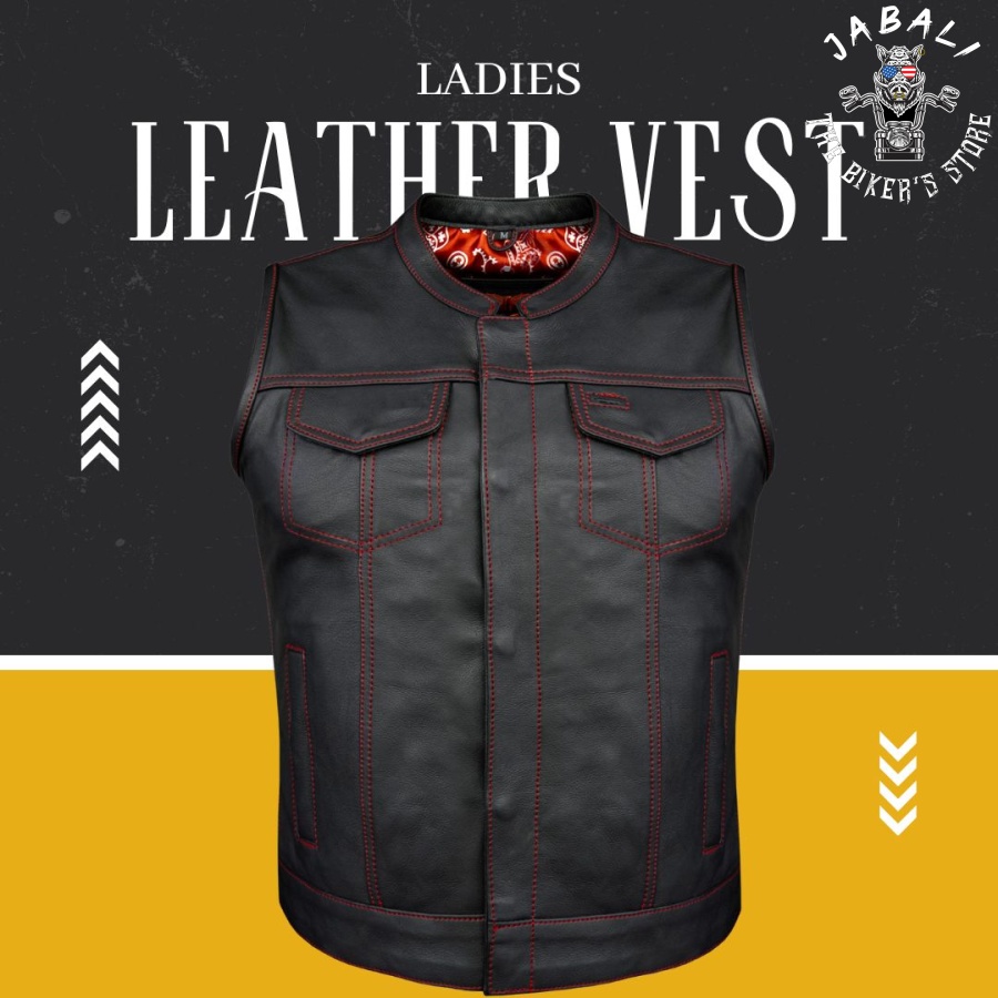 Ladies Motorcycle Leather CLUB VEST Premium Cowhide Leather Red Thread Red Paisley Lining Jabali the biker store 01