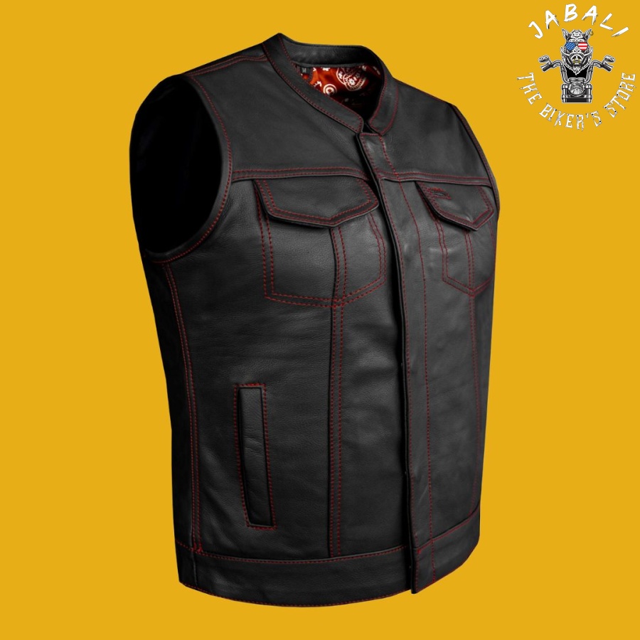 Ladies Motorcycle Leather CLUB VEST Premium Cowhide Leather Red Thread Red Paisley Lining Jabali the biker store 03