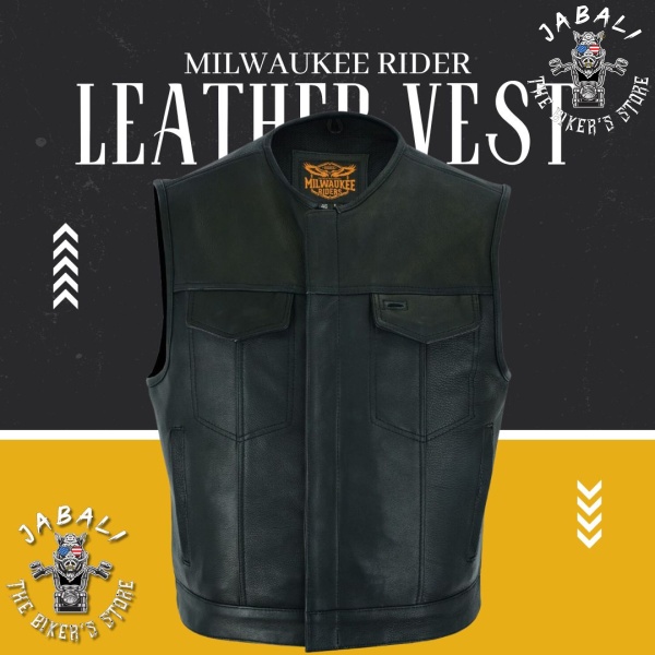 Milwaukee Riders® Low Cut Mens Leather Motorcycle Club Vest Jabali The Biker Store 01