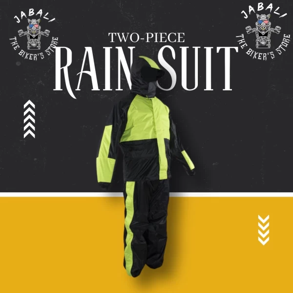 Two Piece Black & Fluorescent Rain Suit With Zippered Side Seams